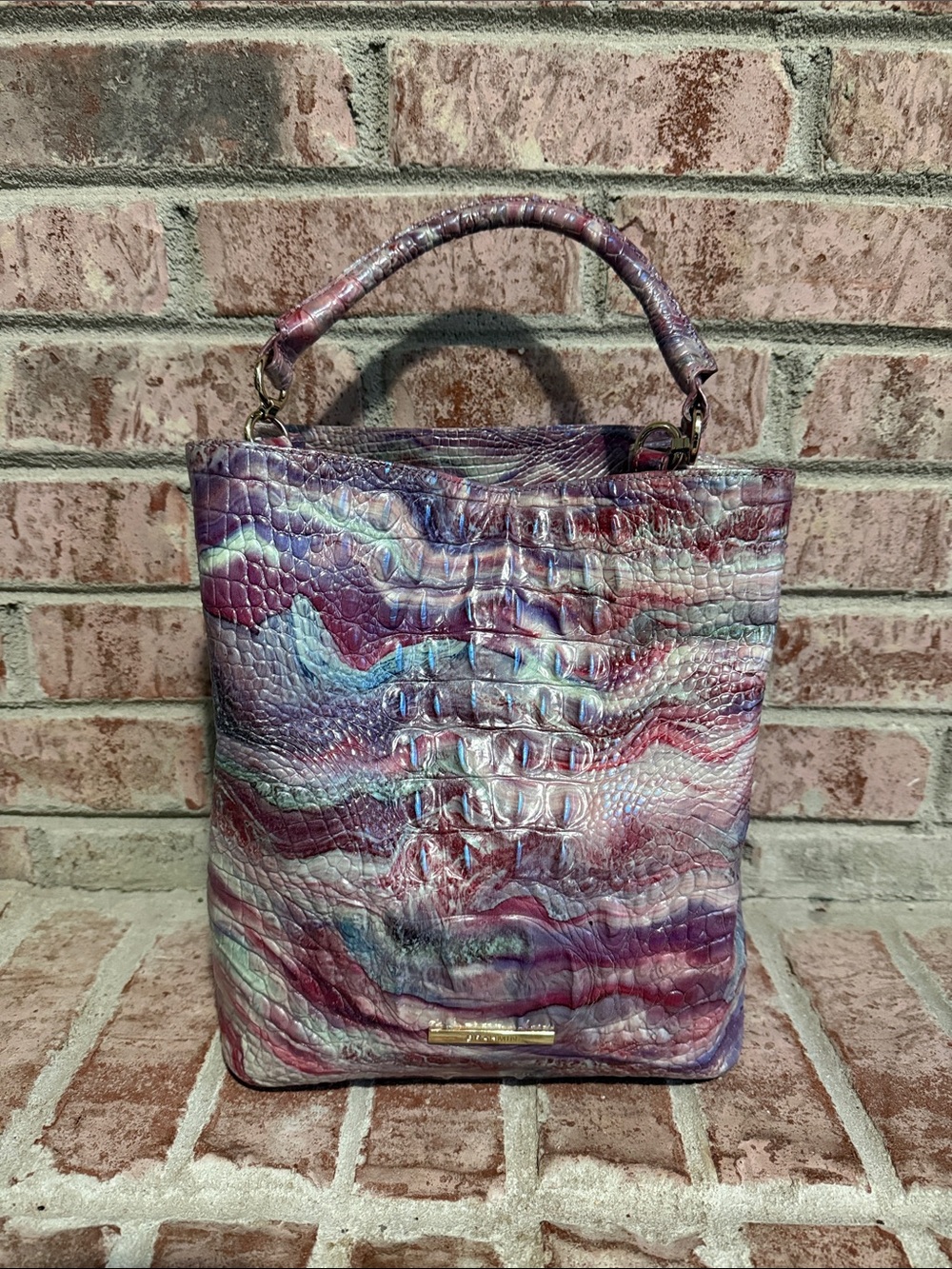 Brahmin Aura Amelia Iridescent Purple Crocodile-Texture Top Handle bucket Bag